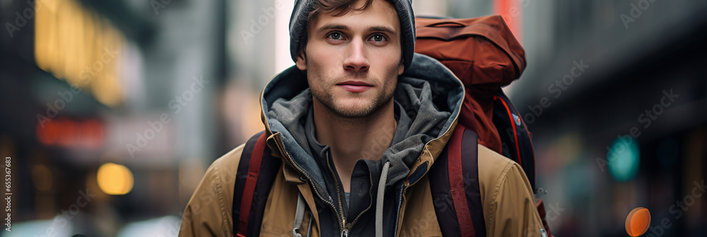 Close up portrait of male hiker during his hiking trip with backpack