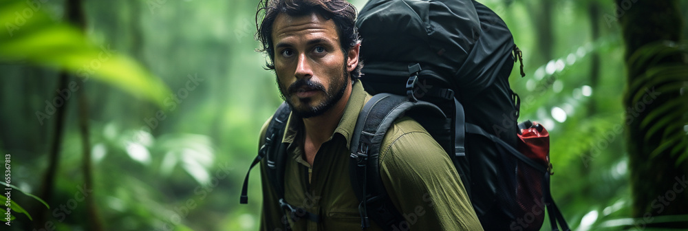 Man hiking in lush green jungle, tropical rainforest with backpack, trees and vegetation