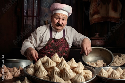 Traditional Georgian cuisine. Georgian chef with a mustache wearing a white chef's hat and apron makes khinkali dumplings photo