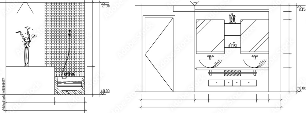 Vector sketch illustration of modern minimalist bathroom interior architectural design