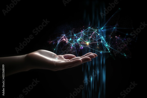 Science, medicine and technology concept. Human hand and futuristic hologram on dark background with copy space. Generative AI