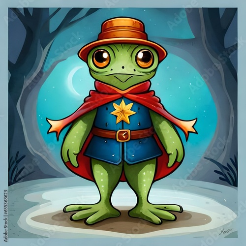 Cartoon illustration of a green frog doing fitness acitivity photo