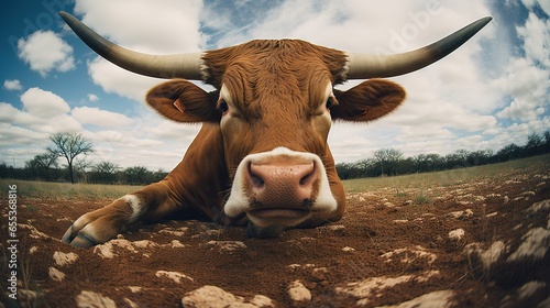  a cow with large horns laying down in a field of dirt. generative ai