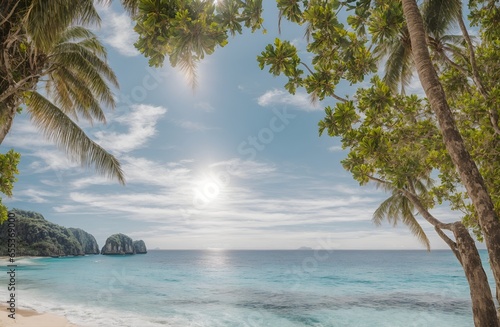 Panorama view of beautiful tropical beach and sea nature landscape on a sunny day. #655369000