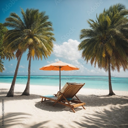 Beautiful view of coconut trees and white sandy beach with blue sea  chairs and umbrellas.