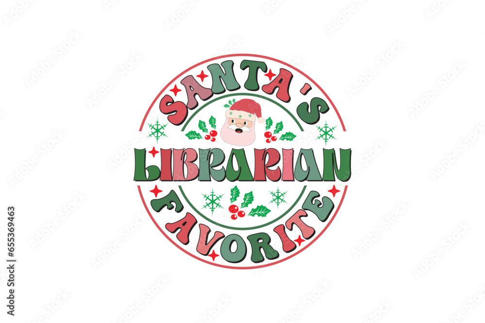 Santa's Favorite Librarian Christmas Retro Typography T-shirt Design