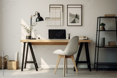 Modern and simple work area with a clean desk, comfortable chair, minimalistic ornaments, and plenty of sunlight; providing a practical and attractive workspace. Generative AI photo
