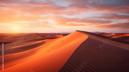 Sunset over the sand dunes of the Sahara desert in Morocco