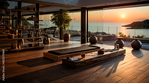 beautiful sunset with a wooden table and a window