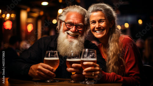 happy senior couple drinking beer at home.