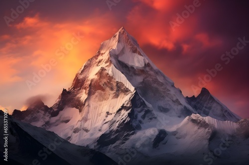 A majestic snow-capped mountain peak bathed in the soft glow of dawn.