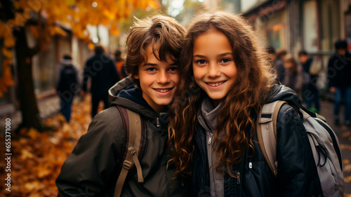 portrait of two happy smiling little kids walking on street in autumn