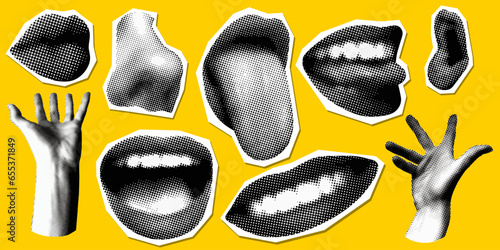 Set of retro halftone parts of body. Paper cutout elements with lips, nose, hands. Y2K style. Trendy vintage newspaper parts. Torn paper. Halftone collage. Smiling, kissing lips. Tongue stuck out