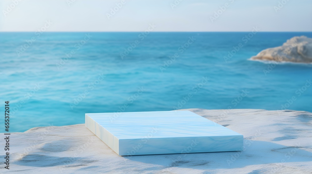 Square Marble Podium in cyan Colors in front of a blurred Seascape. Luxury Backdrop for Product Presentation