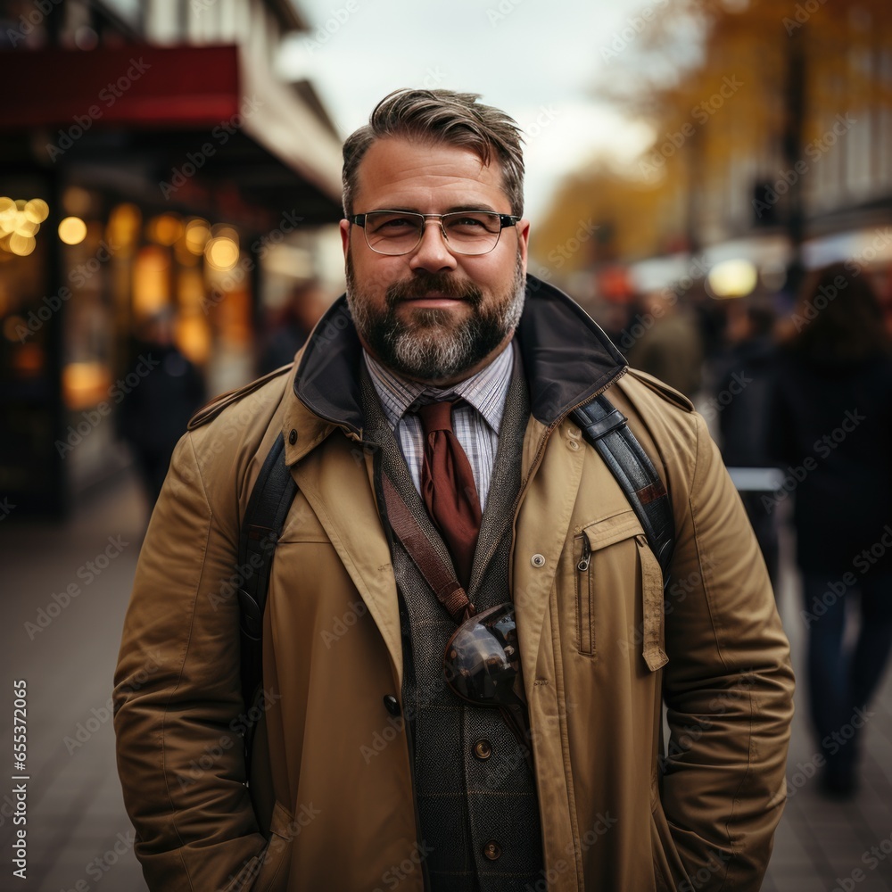 Plus size male businessman traveler in a brown jacket, half-length portrait against the background of the city. Plus size male businessman traveler in a brown jacket, half-length portrait against the background of the city.