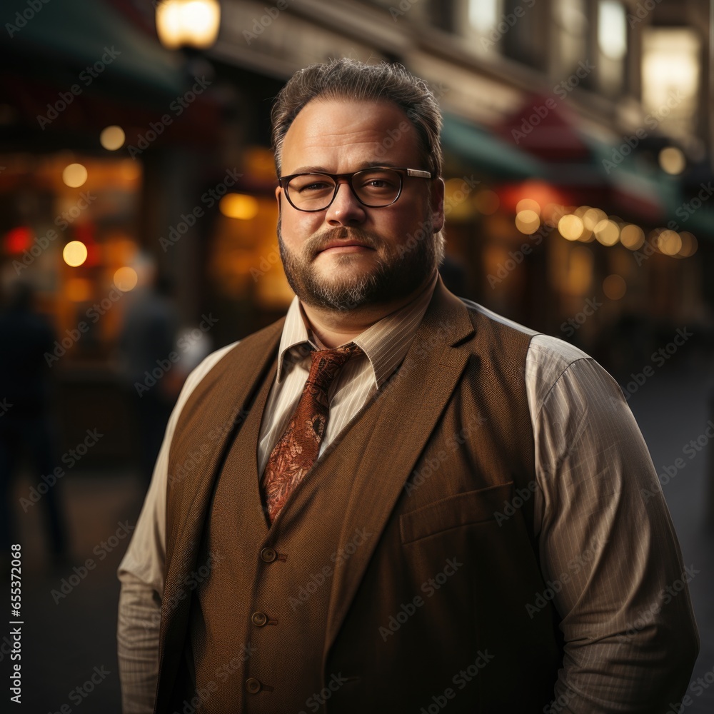 Plus size male businessman traveler in a brown jacket, half-length portrait against the background of the city. Plus size male businessman traveler in a brown jacket, half-length portrait against the background of the city.