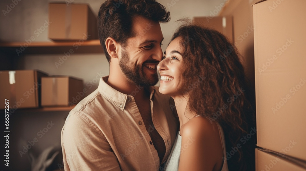 A happy couple embracing real estate, real estate investment or buying an apartment. An excited man with a smile or a woman celebrating moving into an apartment together - obrazy, fototapety, plakaty 