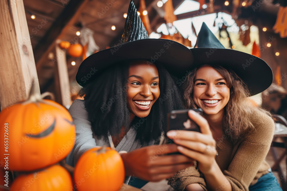 Two multiracial young women friends wearing witch hats having fun and take selfies at Halloween Two multiracial young women friends wearing witch hats having fun and take selfies at Halloween