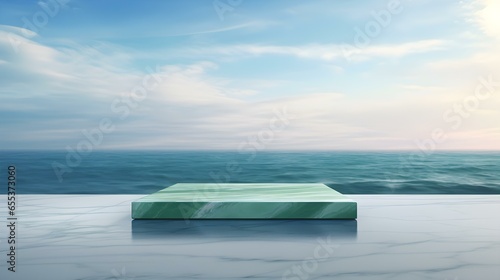 Square Marble Podium in emerald Colors in front of a blurred Seascape. Luxury Backdrop for Product Presentation © drdigitaldesign