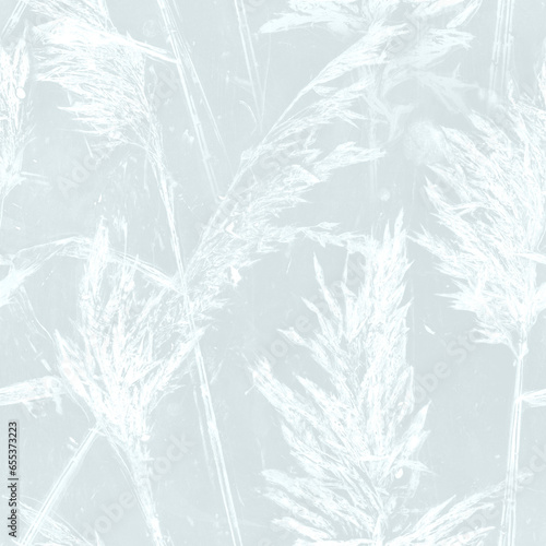 Plant-stamped hand printed seamless pattern. Reeds on river lake bank. Surface for fashion, textile, wallpaper, gift wrapping paper, decoration, card, print, wedding invitation, background, wall art. 