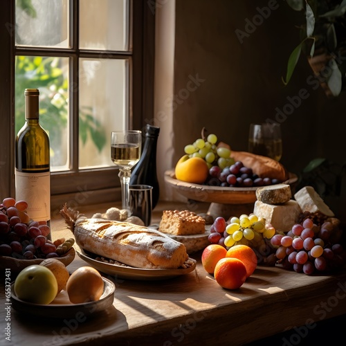 Still life with wine, bread and fruits on the windowsill.