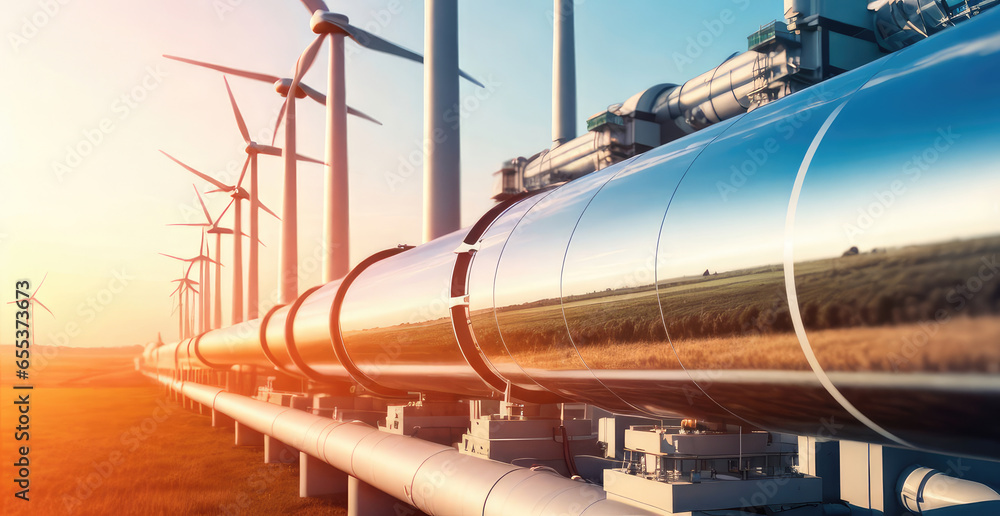 wind turbines and a hydrogen pipeline in the distance. Concept for sustainable hydrogen production wind turbines and a hydrogen pipeline in the distance. Concept for sustainable hydrogen production