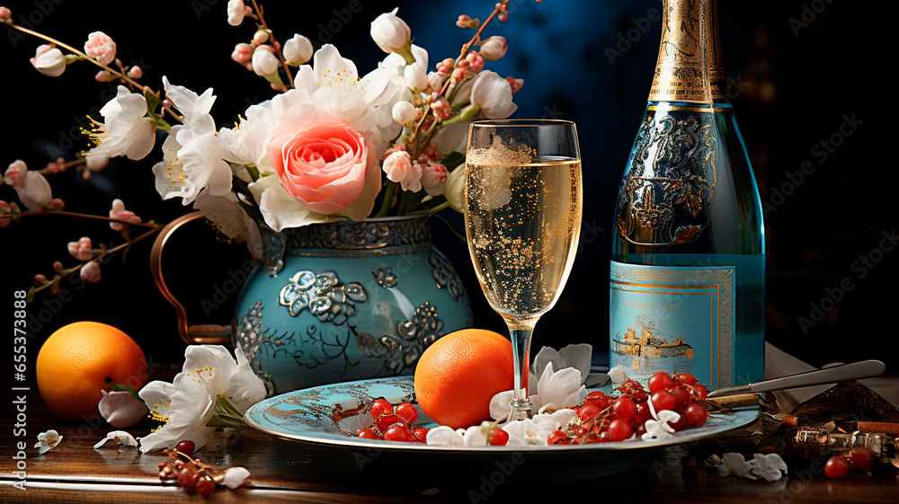 Fototapeta premium beautiful bouquet of roses in a glass vase on a wooden background.