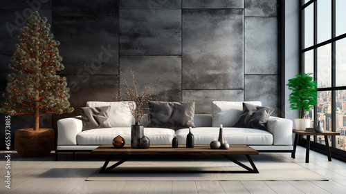 modern interior design of living room, sofa and tree,
