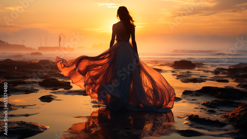 beautiful girl in red dress walking on the seashore