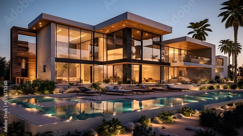 Modern Luxury Home Exterior with swimming pool at night. 3d rendering © Iman