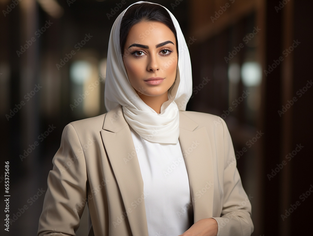 An Arab-American woman, Muslim, in a high-level executive role, a successful leader An Arab-American woman, Muslim, in a high-level executive role, a successful leader