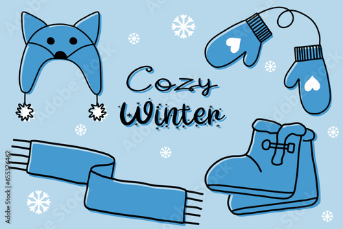 Set of warm winter accessory, cute hat, boots with fur, scarf and mittens, flat style vector