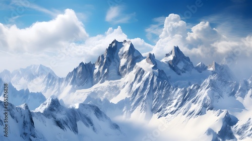 Panoramic view of snowy mountains in clouds. 3D illustration