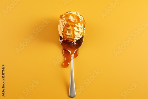 An ice cream scoop with caramel drizzle and a spoon on a yellow background. Generative AI