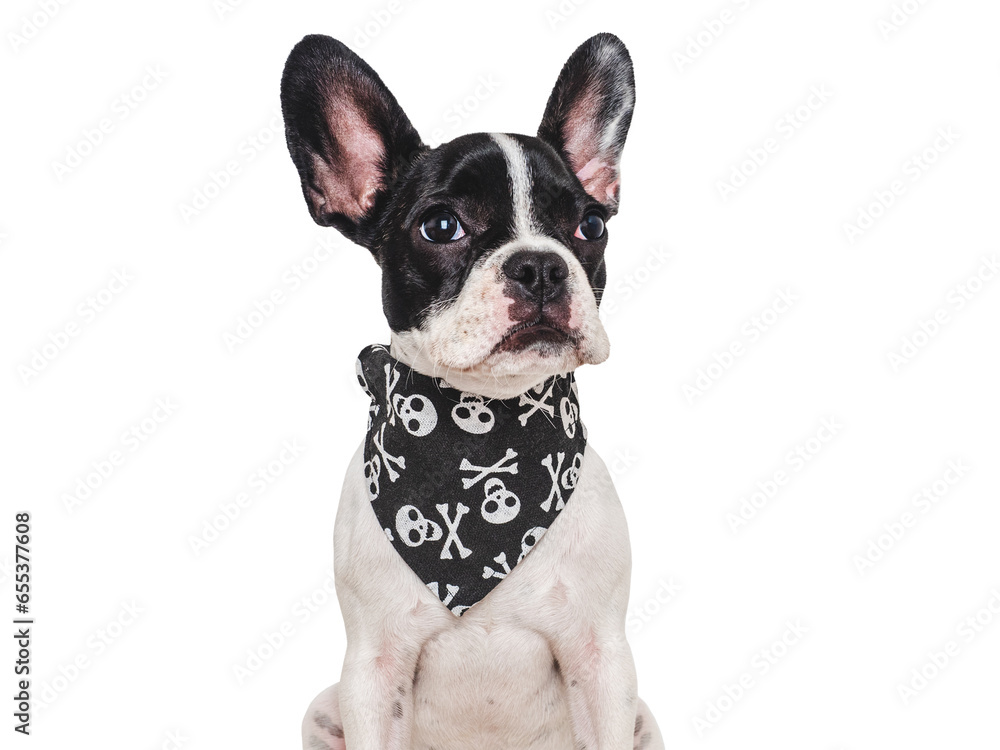 Happy Halloween. Charming puppy and black neckerchief with skulls. Isolated background. Close-up, indoors. Studio shot. Congratulations for family, relatives, friends, colleagues. Pet care concept