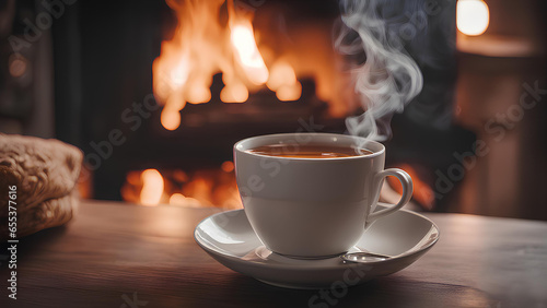 Cup of hot tea in a winter atmosphere on a blurred fireplace background.