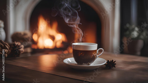 Cup of hot tea in a winter atmosphere on a blurred fireplace background. 