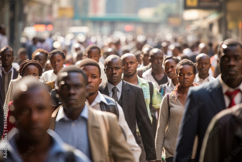 Crowd of African people walking street - obrazy, fototapety, plakaty 
