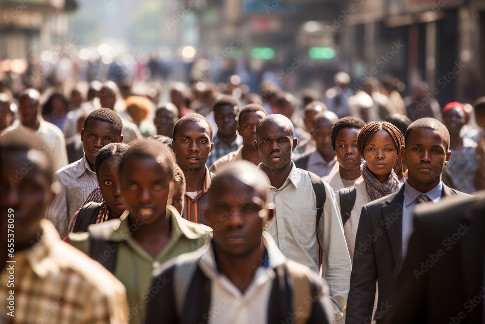 Crowd of African people walking street - obrazy, fototapety, plakaty 
