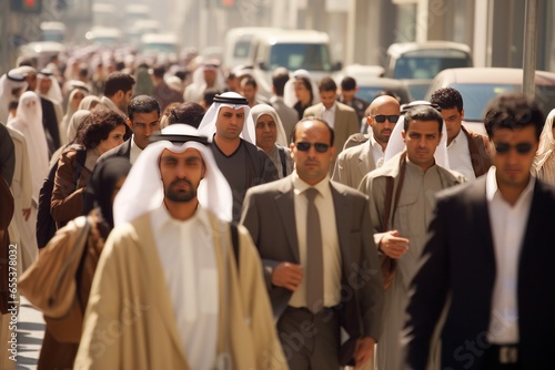 Crowd of Arabic people walking street photo