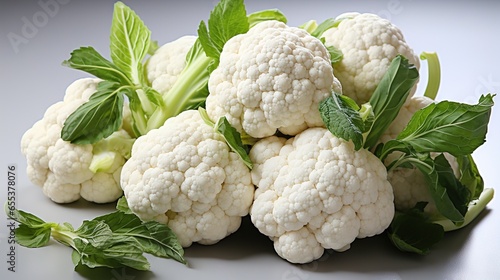  a pile of cauliflower with leaves on a white surface.  generative ai