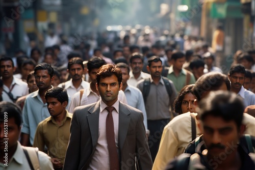 Crowd of Indian commuter people walking street photo