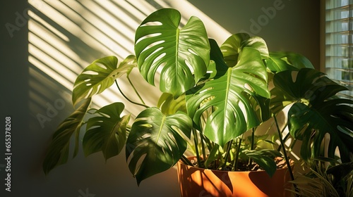  a green plant in a brown pot next to a window.  generative ai