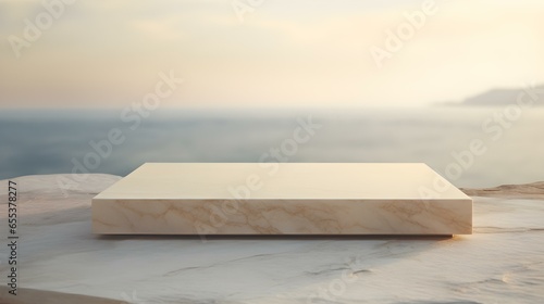 Square Marble Podium in khaki Colors in front of a blurred Seascape. Luxury Backdrop for Product Presentation