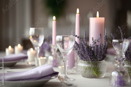 Elegant wedding tablescape with lavender decoration for a holiday event celebration. Generative AI