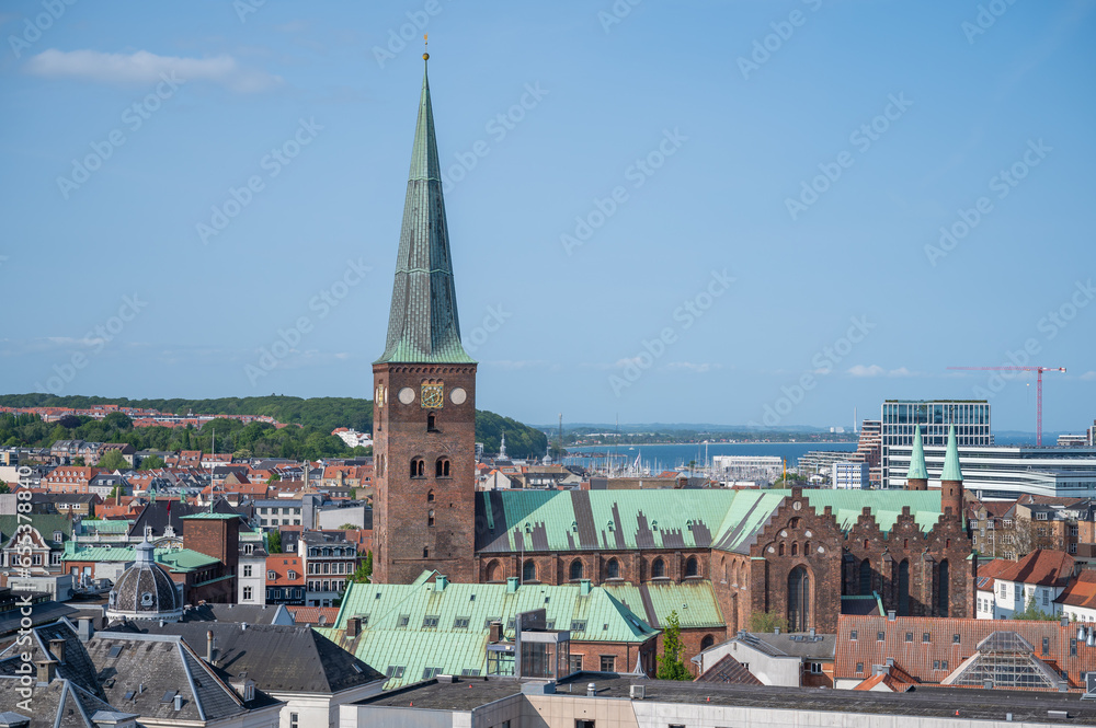 Aarhus Cathedral, drone shot, side view from the distance, Denmark