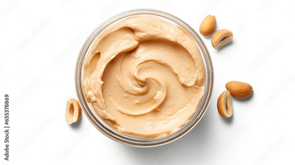 a jar filled with peanut butter and almonds on a white surface. generative ai a jar filled with peanut butter and almonds on a white surface. generative ai