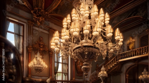 Interior view of a beautiful baroque chandelier.