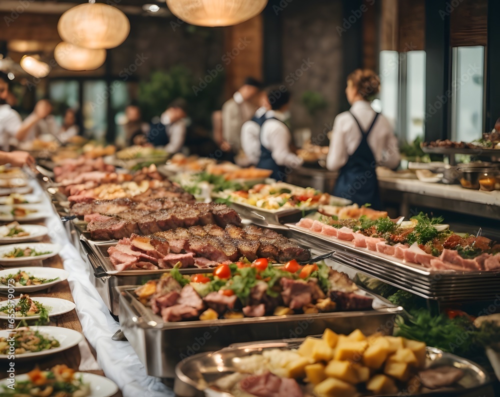 Group of people on catering buffet food indoor in restaurant with grilled meat. Buffet service for any festive event, party or wedding reception. Generative Ai.