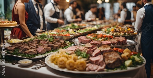 Group of people on catering buffet food indoor in restaurant with grilled meat. Buffet service for any festive event, party or wedding reception. Generative Ai.